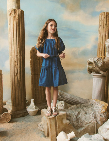 Bow Waist Woven Dress-Mid Vintage Denim