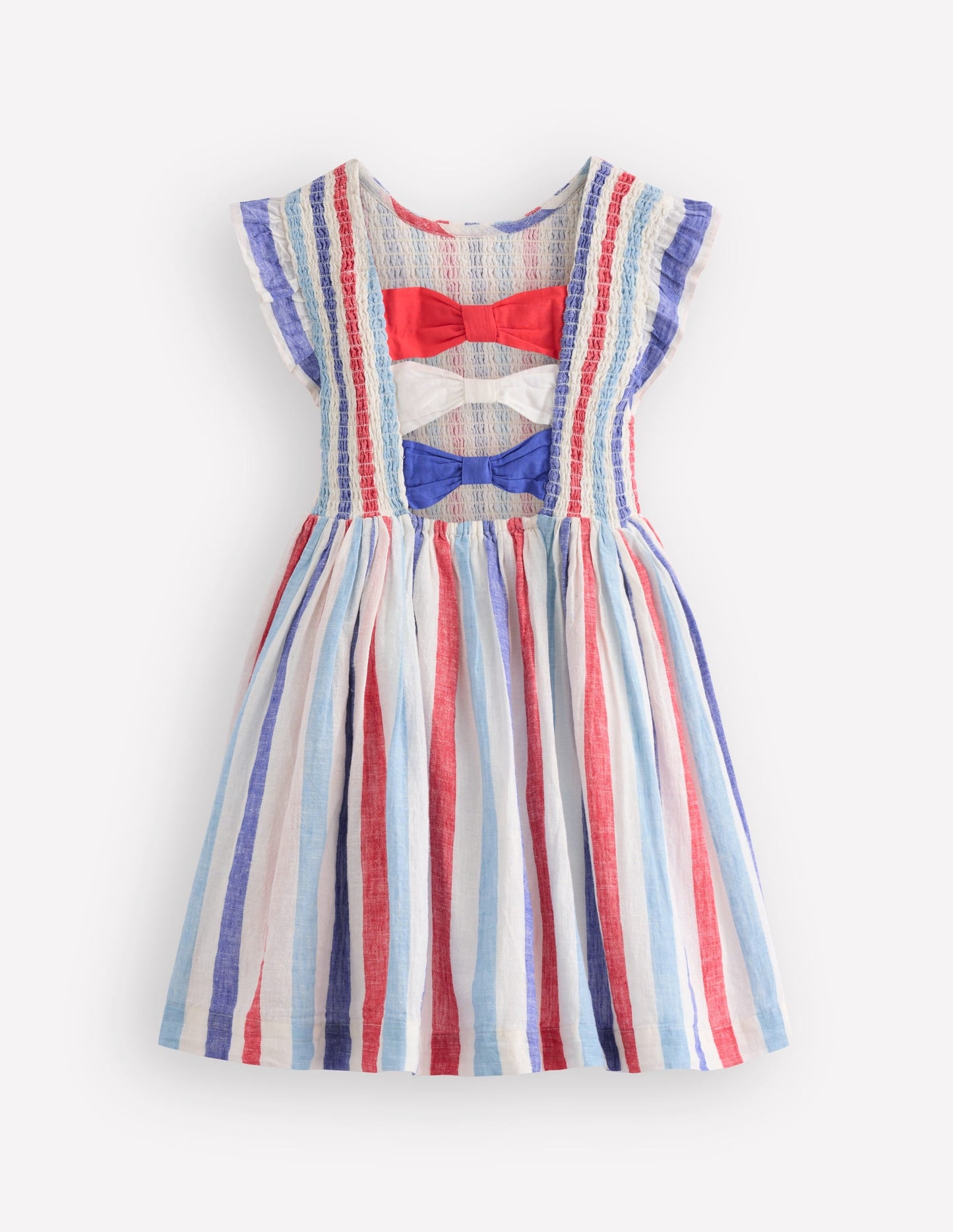 Bow Back Shirred Dress-Bright Blue/ Poppy Red Stripe