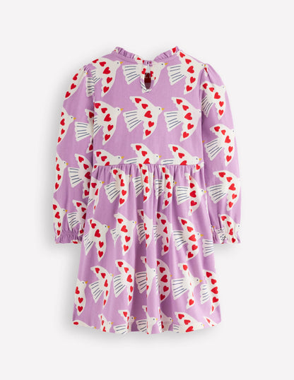 Blouson Sleeve Jersey Dress-Pale Pansy Love Birds