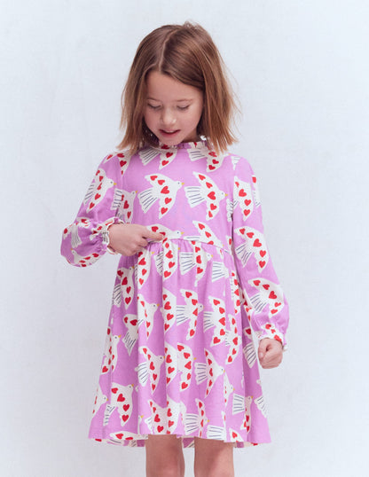 Blouson Sleeve Jersey Dress-Pale Pansy Love Birds