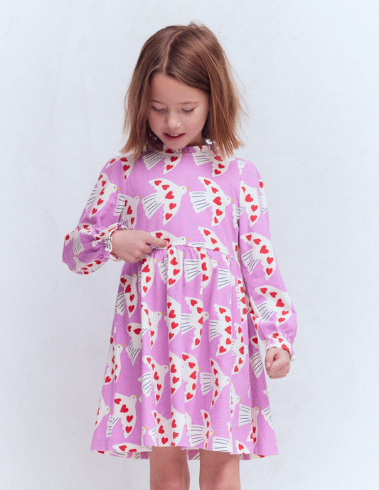 Blouson Sleeve Jersey Dress-Pale Pansy Love Birds