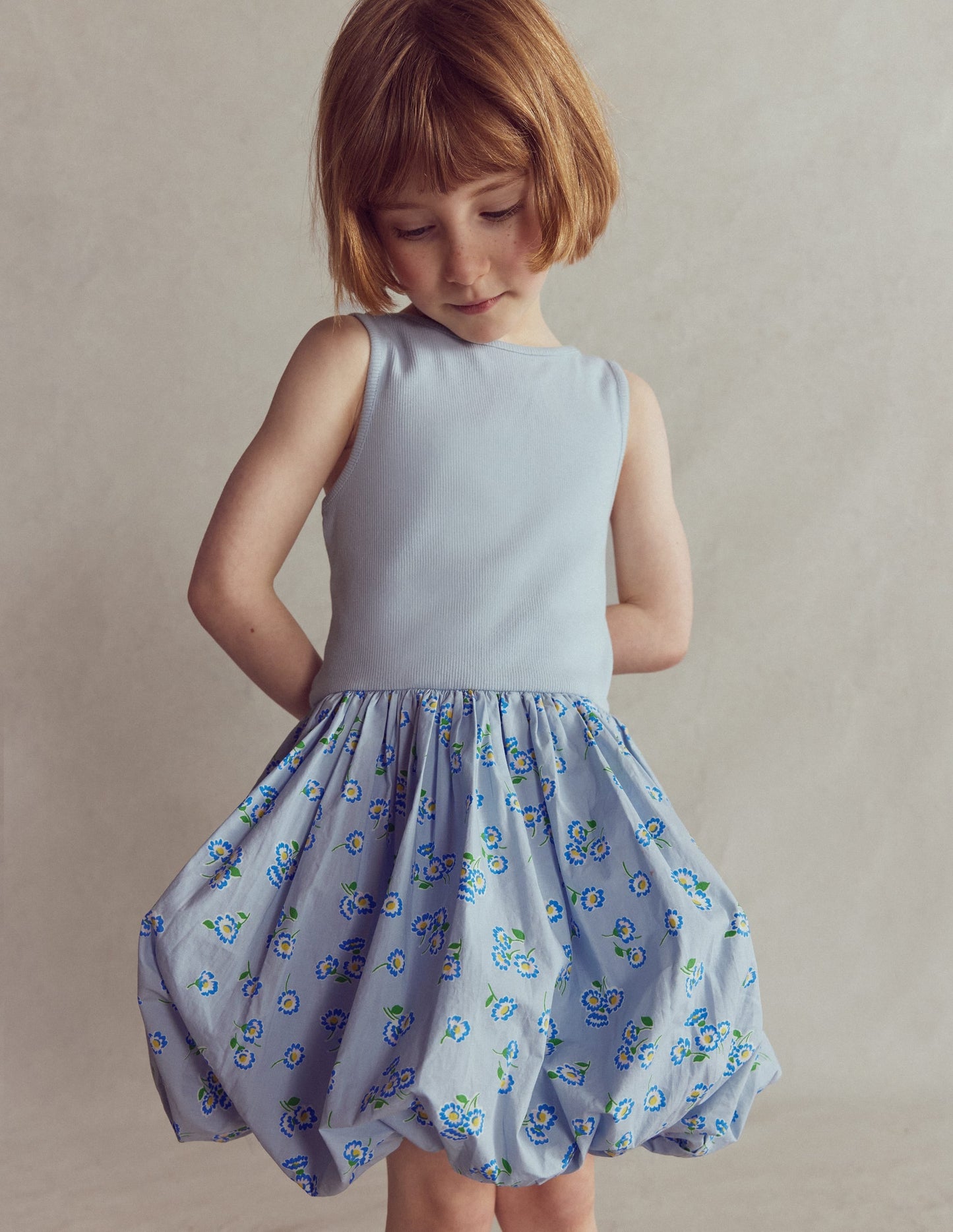 Bubble Hem Rib Dress-Misty Blue Daisy
