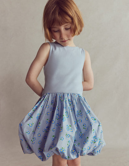 Bubble Hem Rib Dress-Misty Blue Daisy