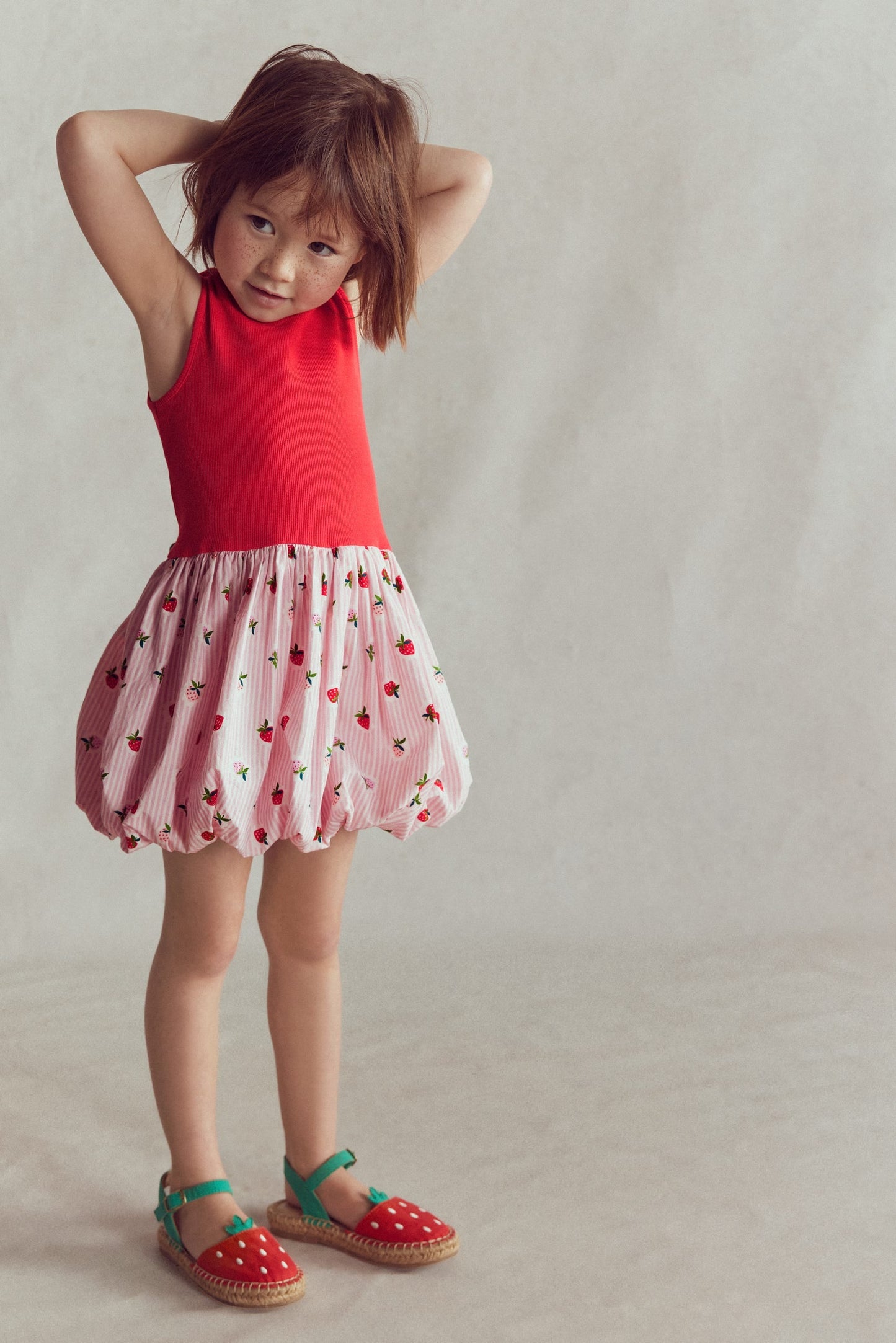 Bubble Hem Rib Dress-Ticking Stripe Strawberry