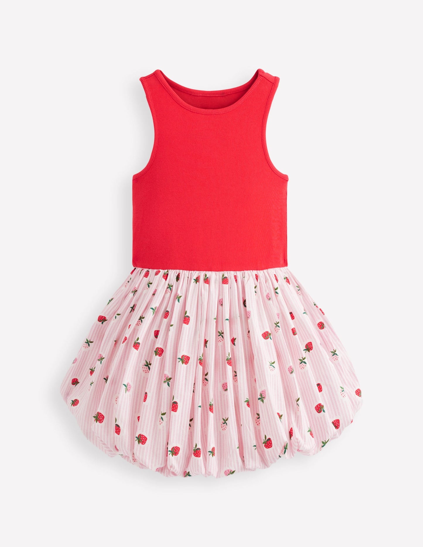 Bubble Hem Rib Dress-Ticking Stripe Strawberry
