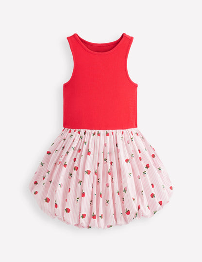 Bubble Hem Rib Dress-Ticking Stripe Strawberry