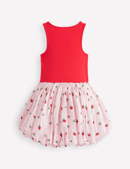 Bubble Hem Rib Dress-Ticking Stripe Strawberry