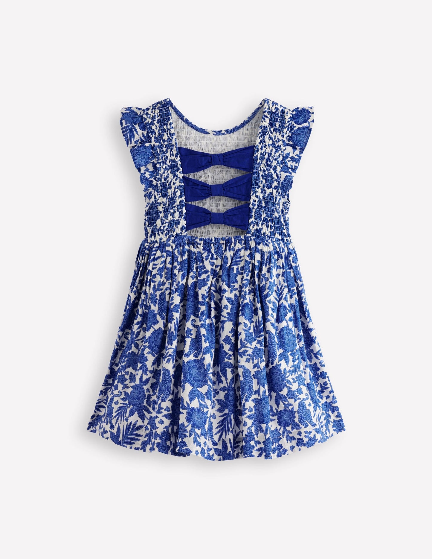 Bow Back Shirred Dress-Bright Blue Jungle Woodblock