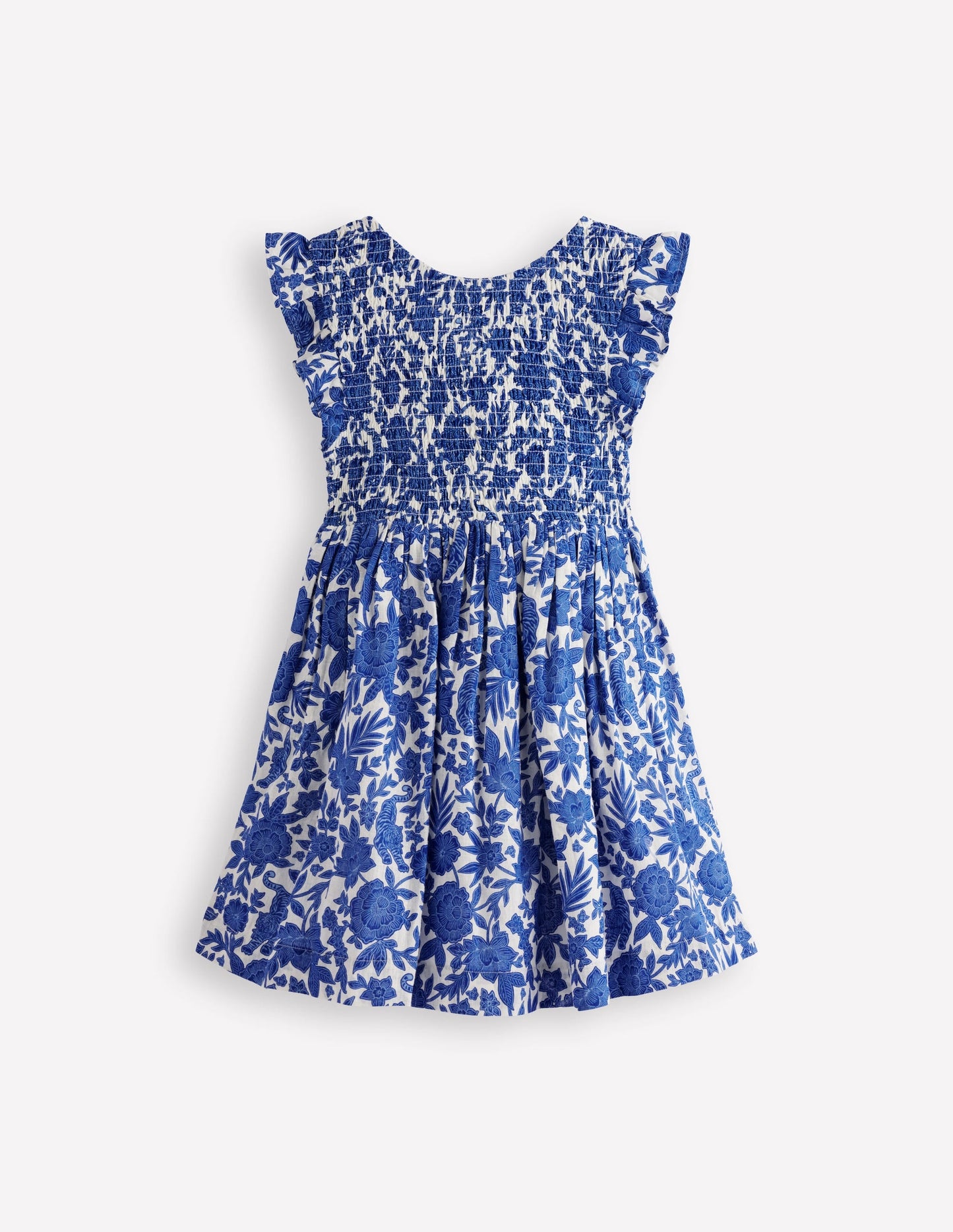 Bow Back Shirred Dress-Bright Blue Jungle Woodblock