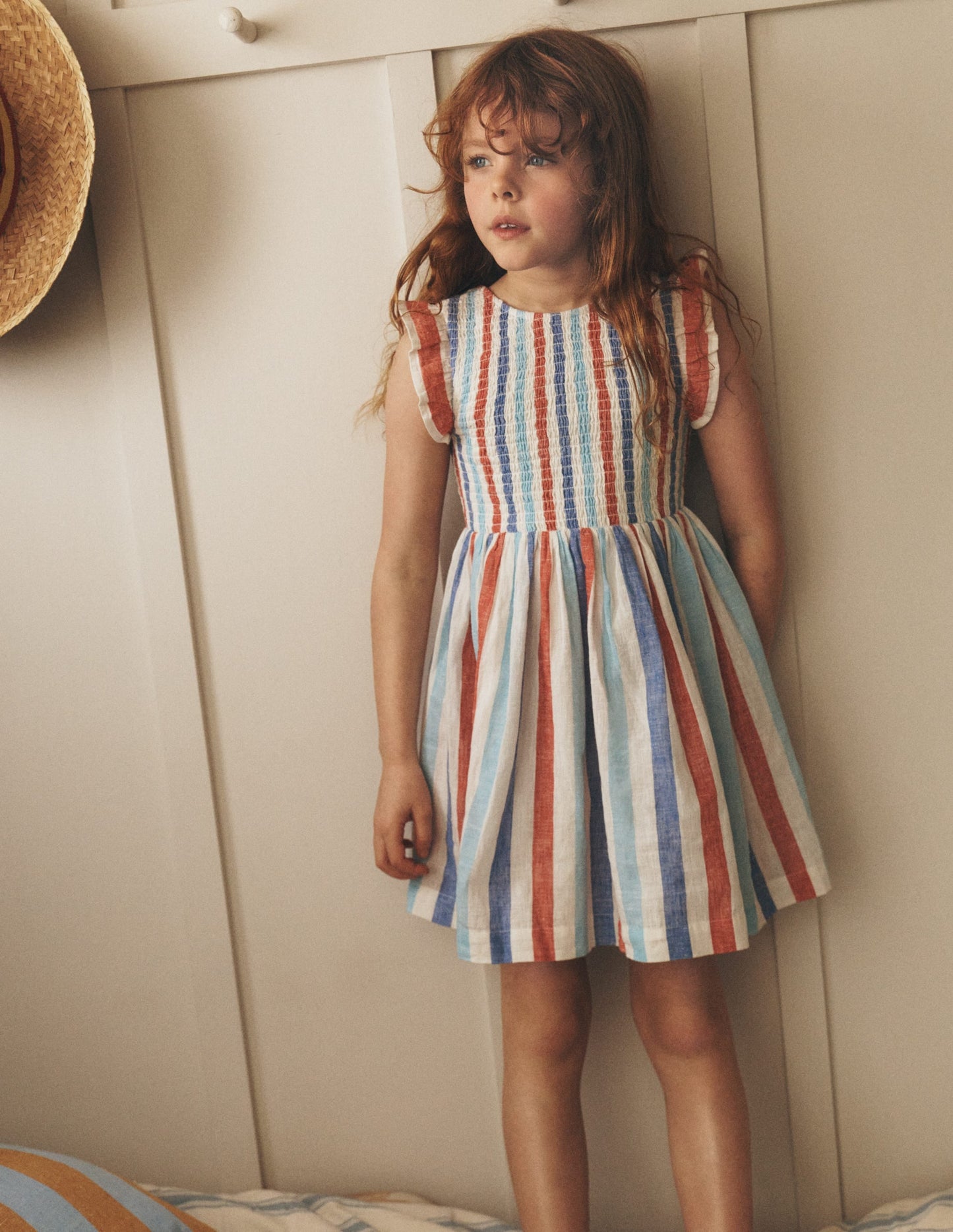 Bow Back Shirred Dress-Bright Blue/ Poppy Red Stripe