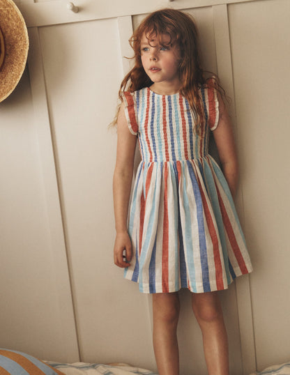 Bow Back Shirred Dress-Bright Blue/ Poppy Red Stripe