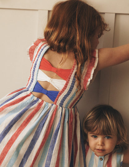 Bow Back Shirred Dress-Bright Blue/ Poppy Red Stripe