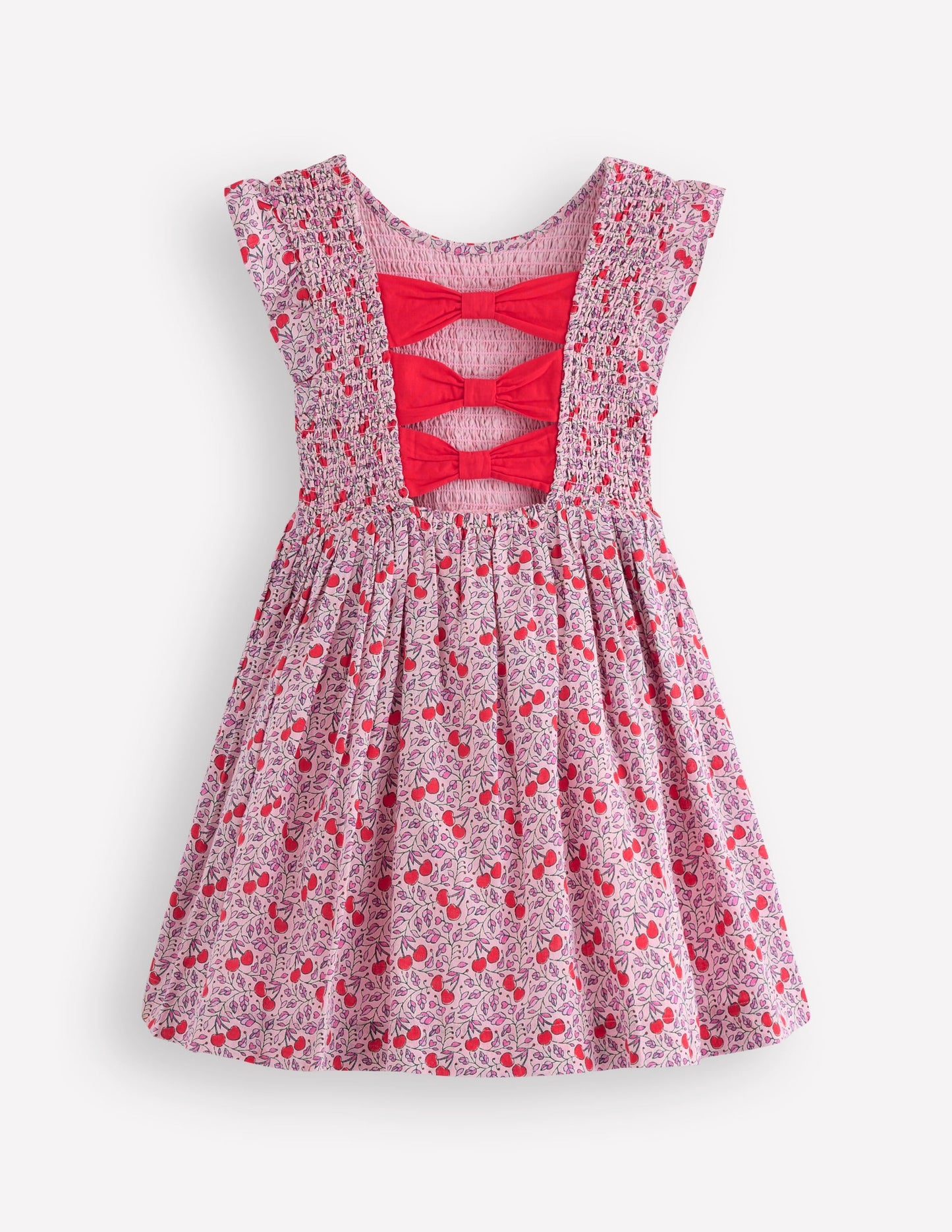 Bow Back Shirred Dress-Pink Cherries