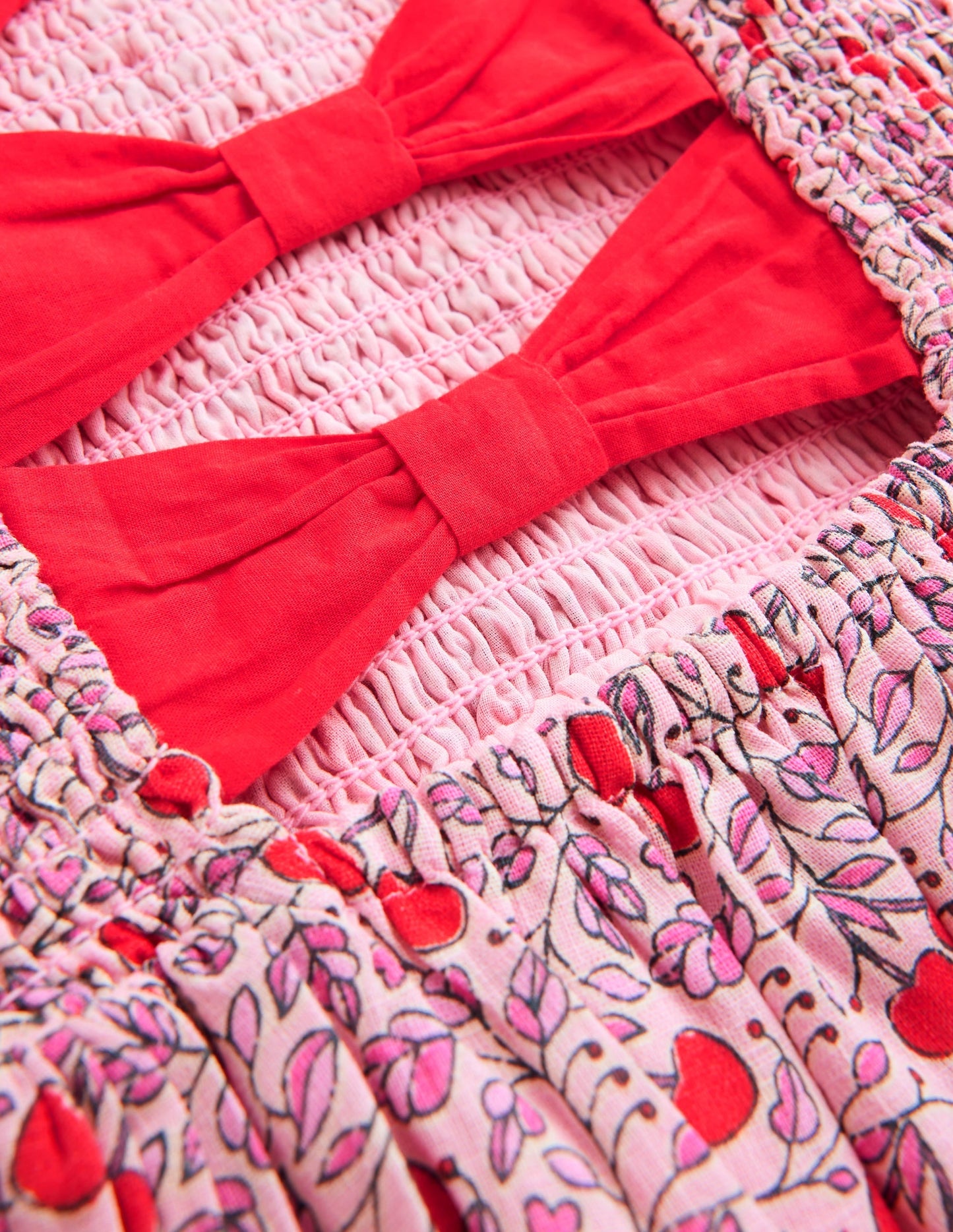 Bow Back Shirred Dress-Pink Cherries