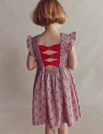 Bow Back Shirred Dress-Pink Cherries