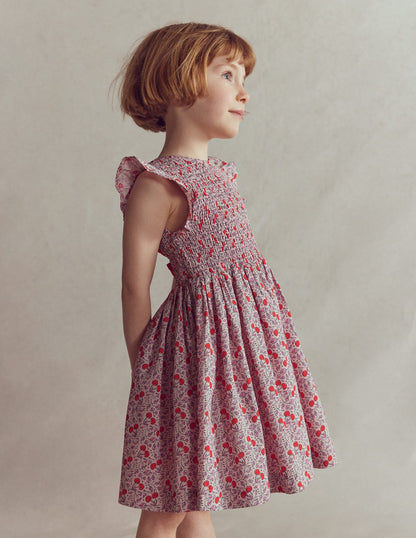 Bow Back Shirred Dress-Pink Cherries