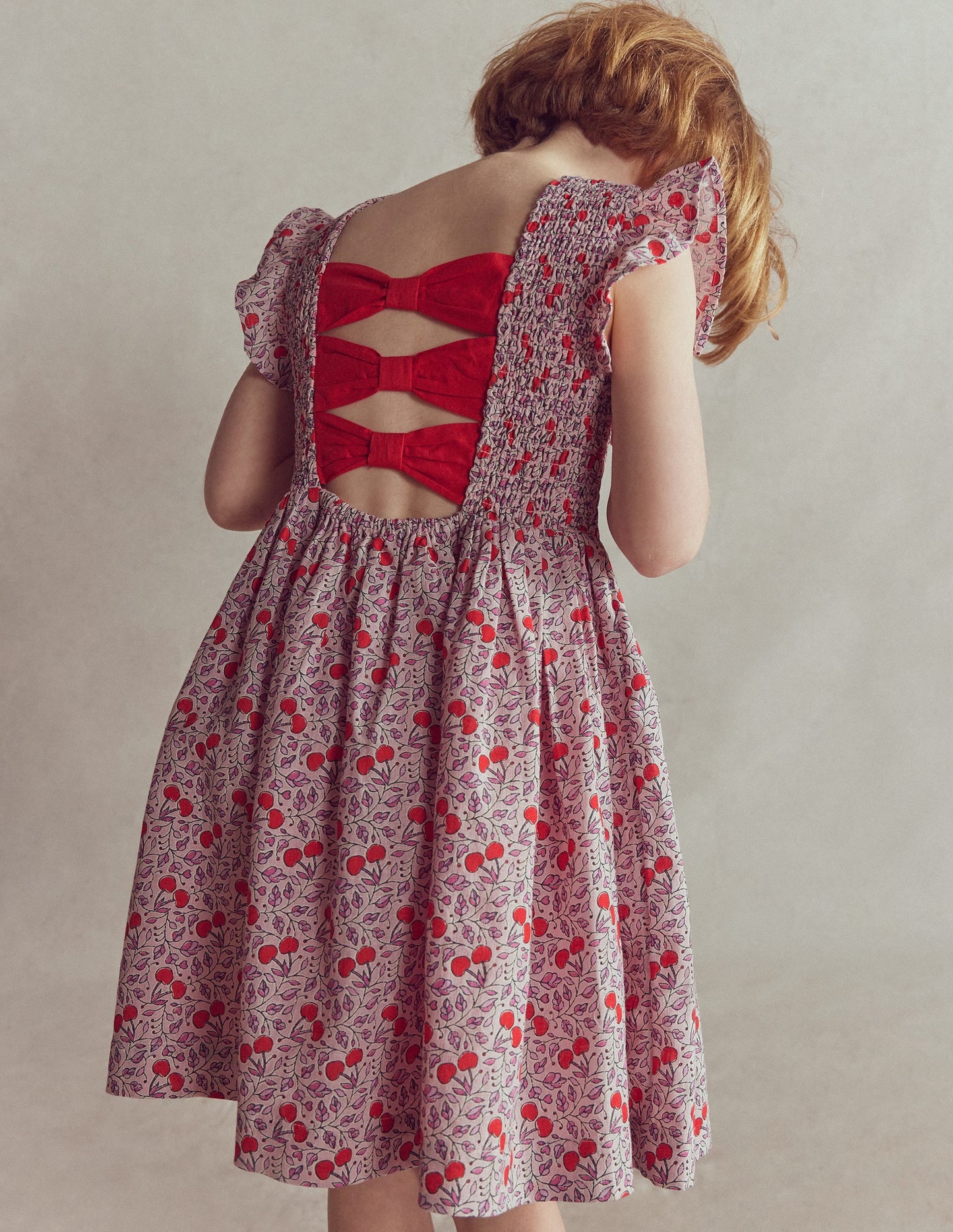 Bow Back Shirred Dress-Pink Cherries