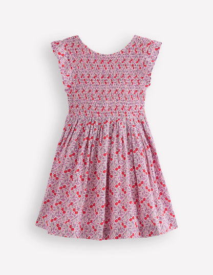 Bow Back Shirred Dress-Pink Cherries