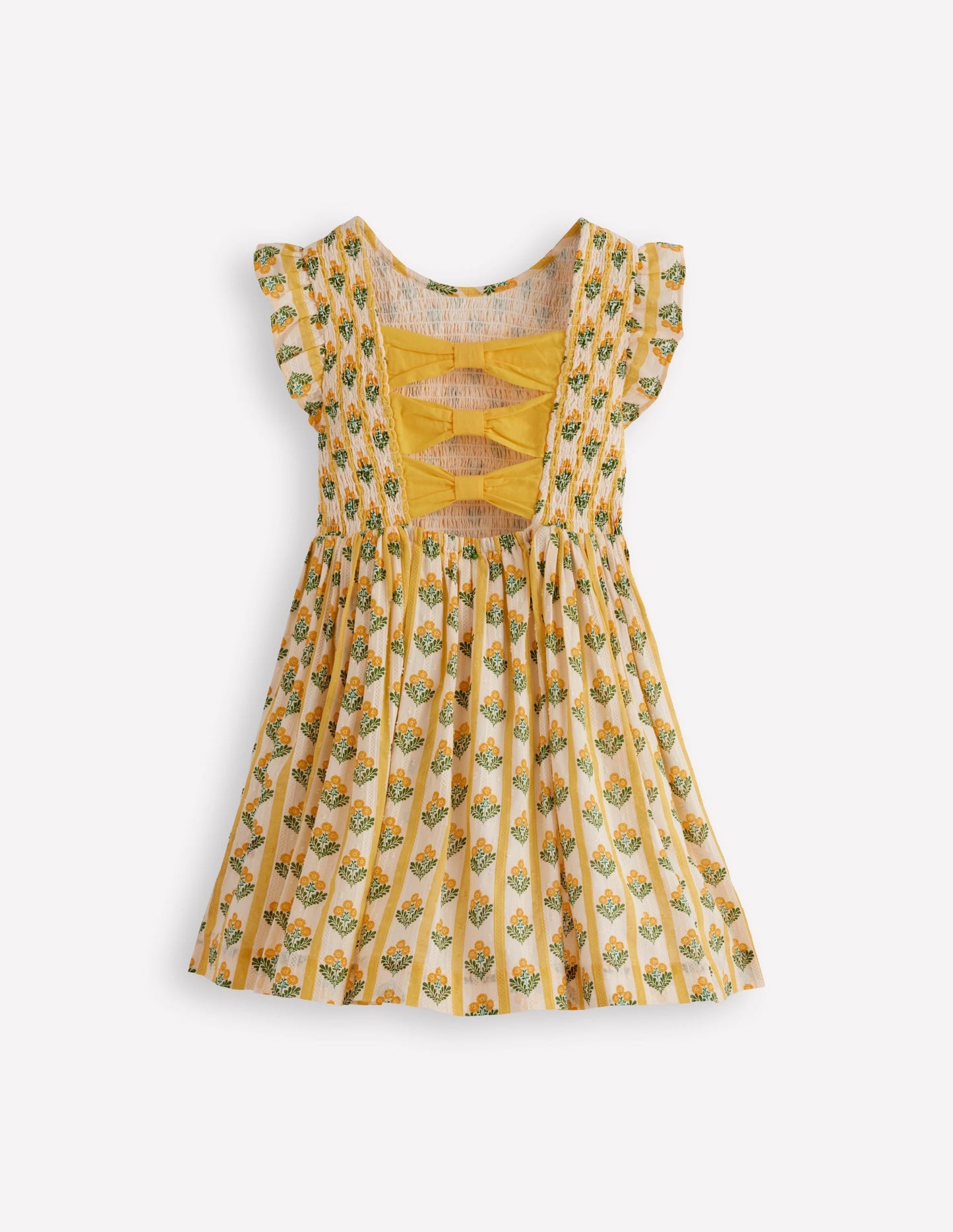 Bow Back Shirred Dress-Honeycomb Yellow Flower Stem