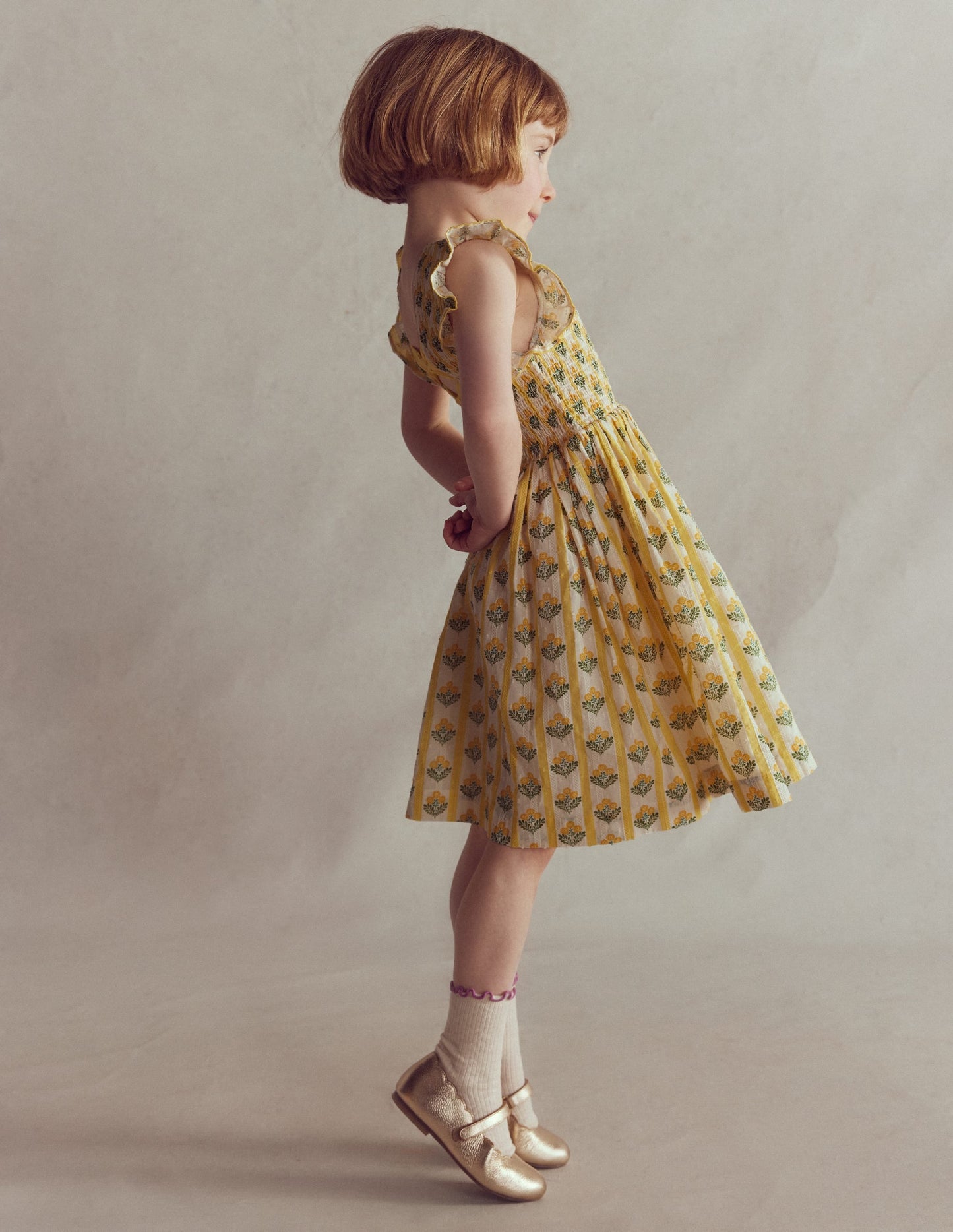Bow Back Shirred Dress-Honeycomb Yellow Flower Stem