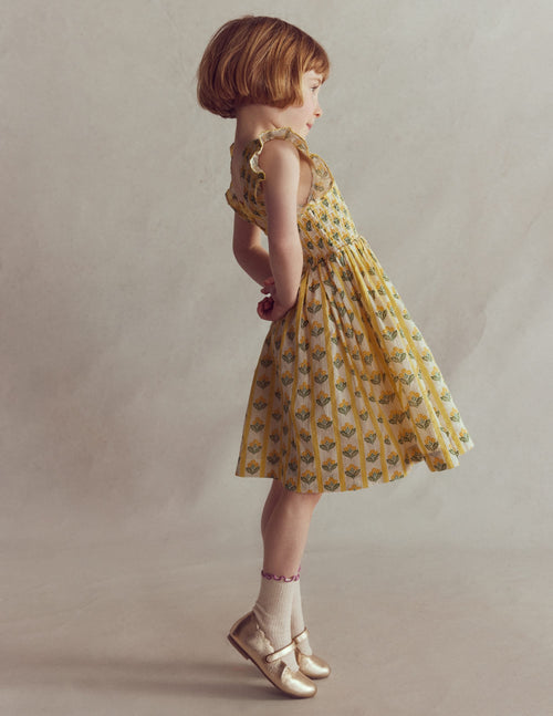 Bow Back Shirred Dress-Honeycomb Yellow Flower Stem