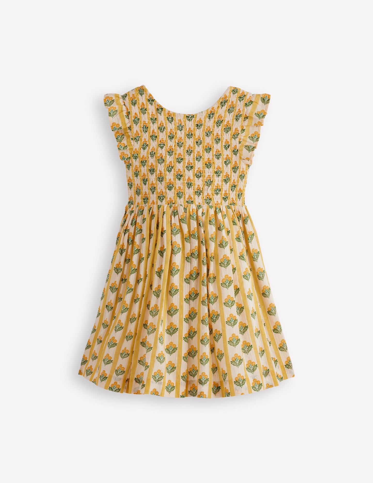 Bow Back Shirred Dress-Honeycomb Yellow Flower Stem