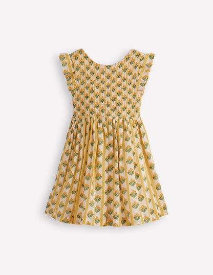 Bow Back Shirred Dress-Honeycomb Yellow Flower Stem