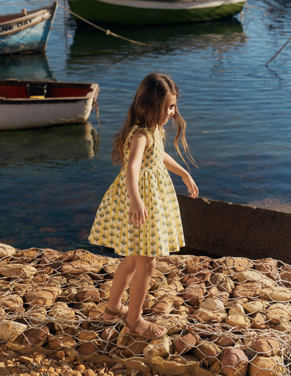 Bow Back Shirred Dress-Honeycomb Yellow Flower Stem