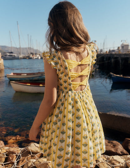 Bow Back Shirred Dress-Honeycomb Yellow Flower Stem
