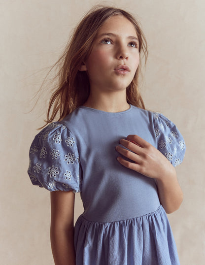 Broderie Rara Jersey Dress-Dusty Blue