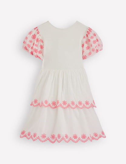 Broderie Rara Jersey Dress-Soft Ivory/ Salmon Pink