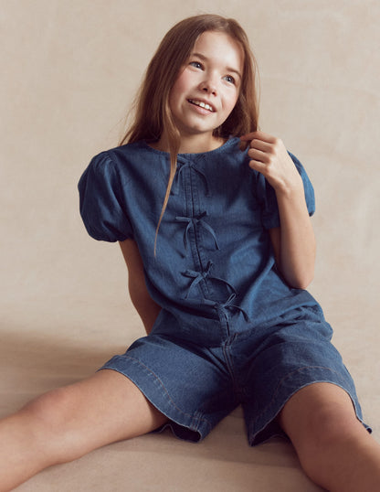 Bow Front Woven Top-Chambray