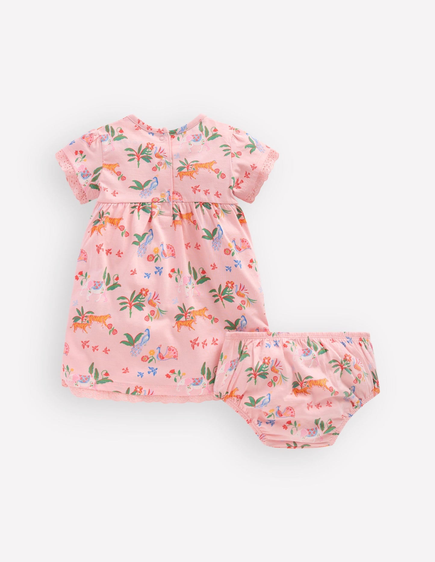 Broderie Trim Jersey Dress-Pink Tropical Animals