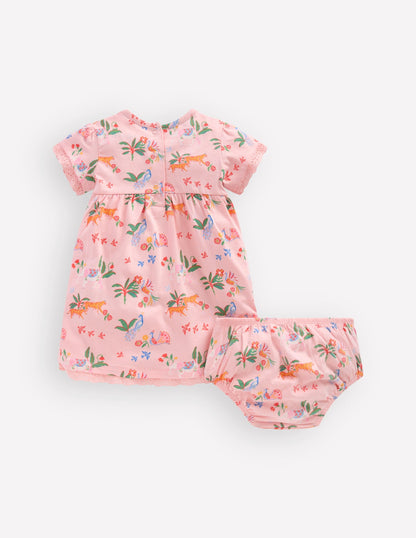 Broderie Trim Jersey Dress-Pink Tropical Animals