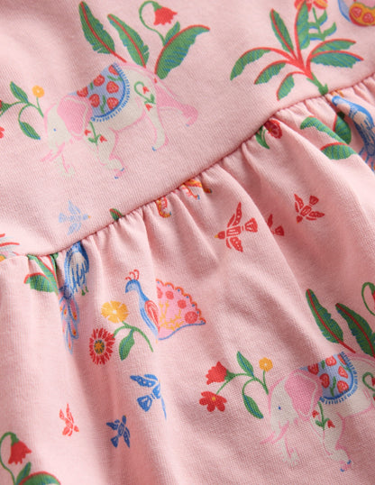 Broderie Trim Jersey Dress-Pink Tropical Animals