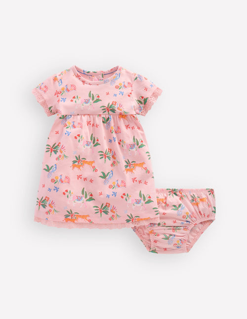 Broderie Trim Jersey Dress-Pink Tropical Animals