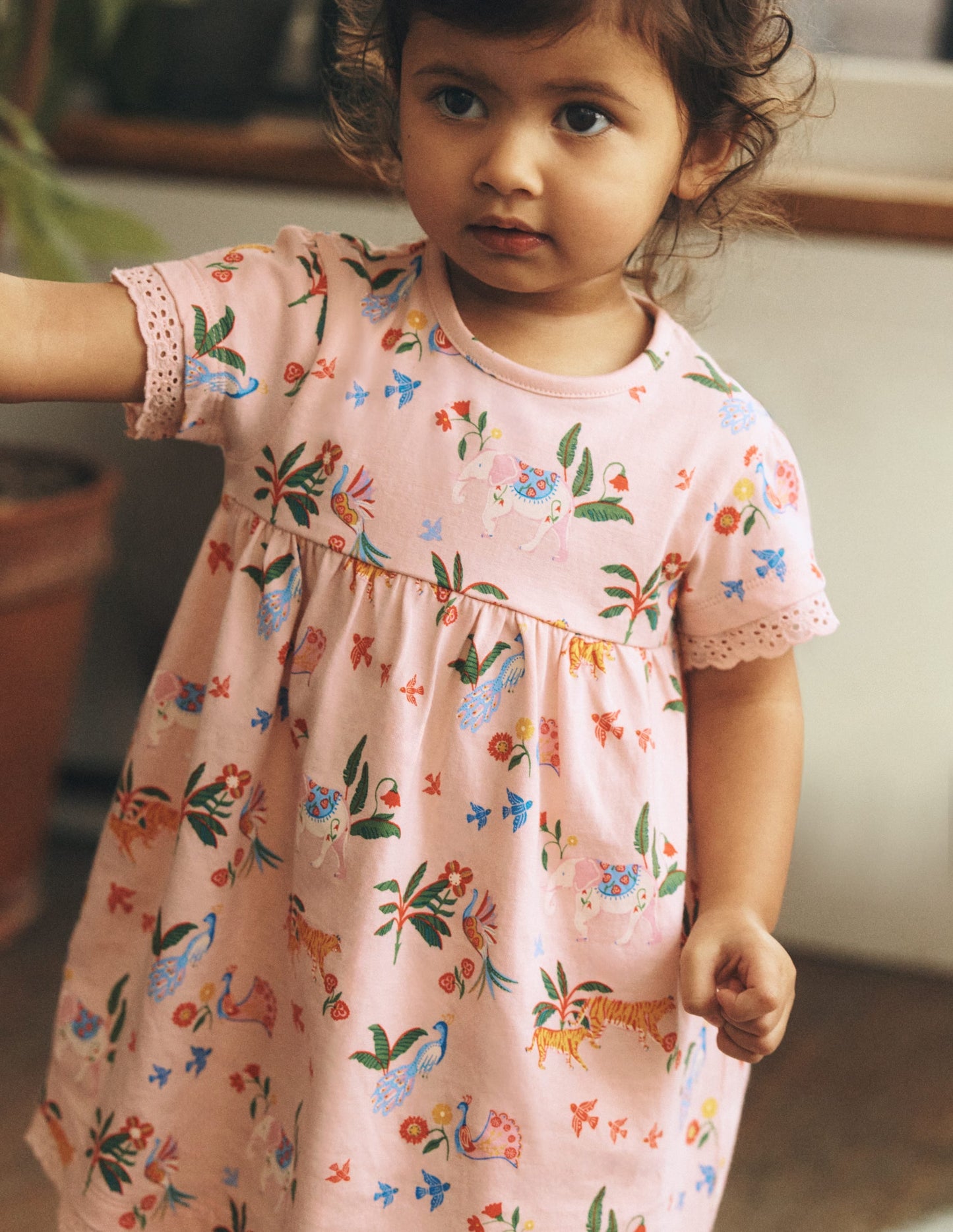 Broderie Trim Jersey Dress-Pink Tropical Animals