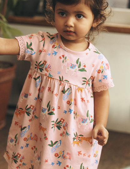 Broderie Trim Jersey Dress-Pink Tropical Animals