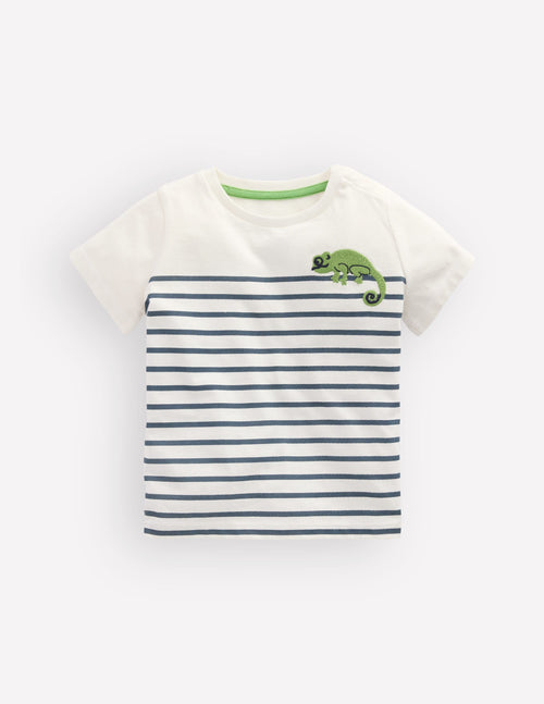 Boys Embroidered T-Shirt-Blue Stripe Chameleon