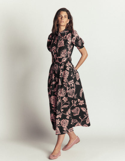 Belted Cotton Midi Dress-Black, Planted Meadows