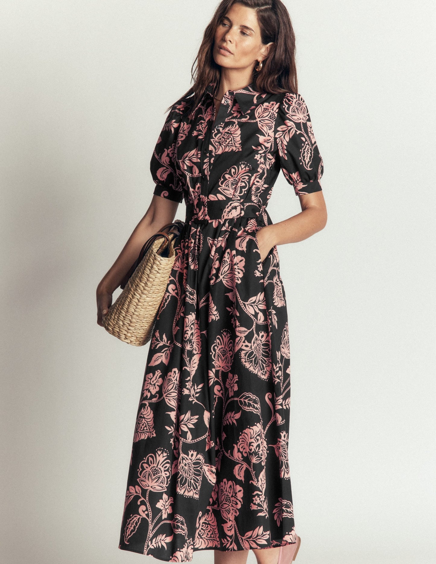 Belted Cotton Midi Dress-Black, Planted Meadows