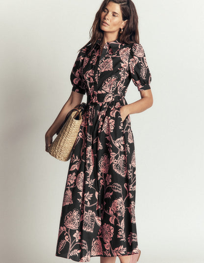 Belted Cotton Midi Dress-Black, Planted Meadows