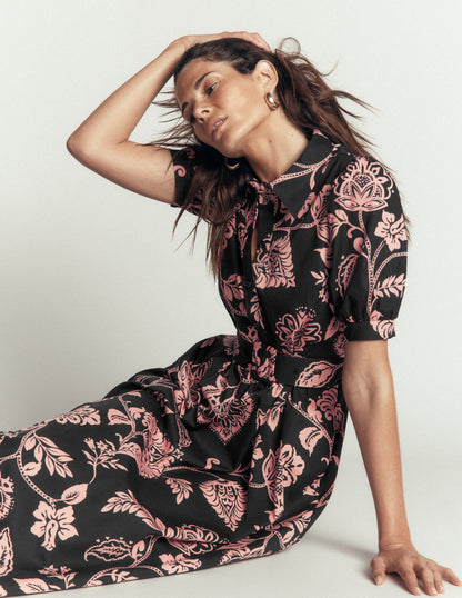 Belted Cotton Midi Dress-Black, Planted Meadows