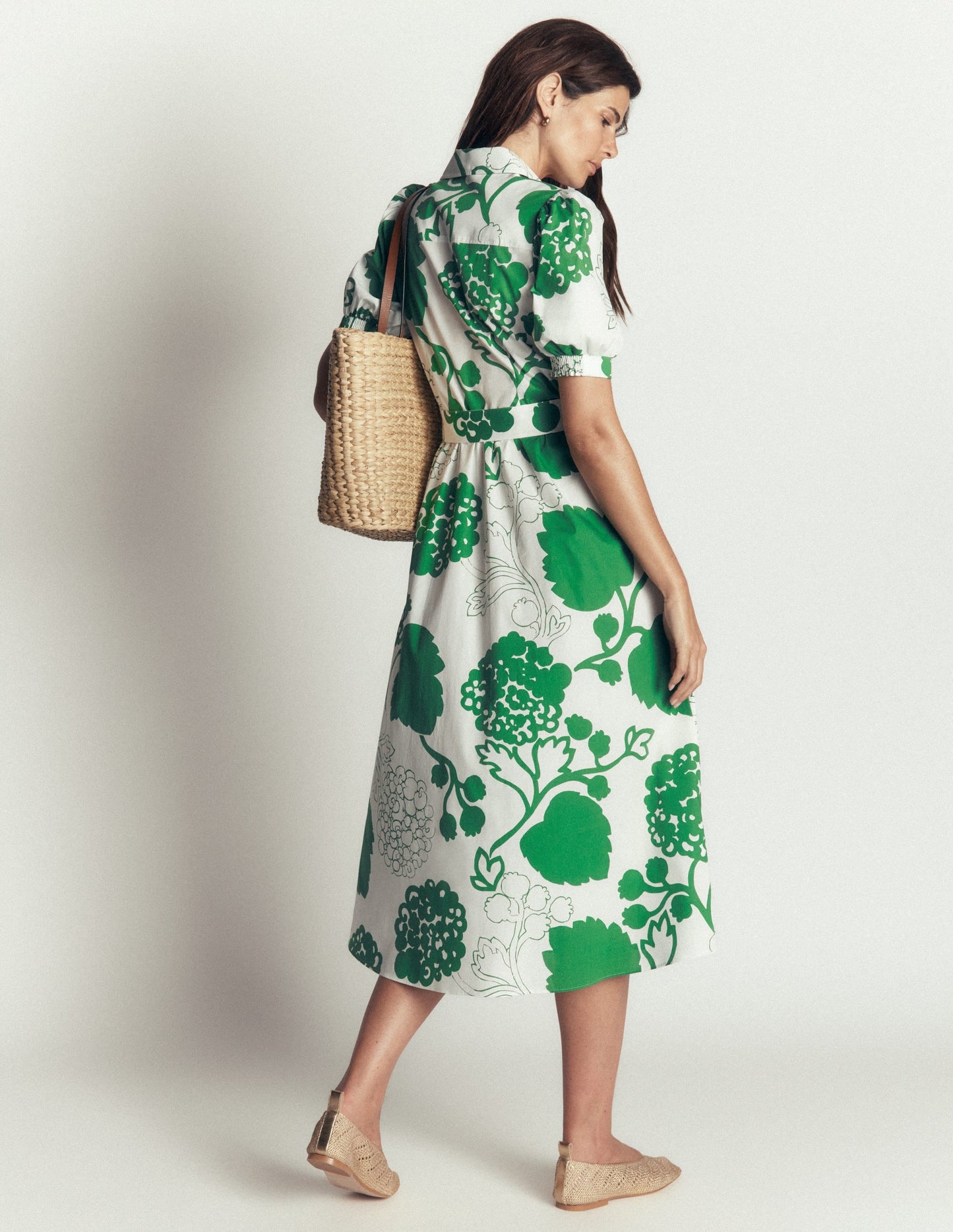 Belted Cotton Midi Dress-Ivory, Hydrangea Frenzy