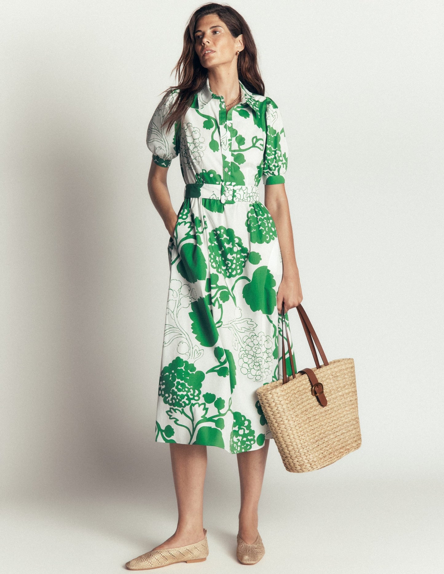 Belted Cotton Midi Dress-Ivory, Hydrangea Frenzy