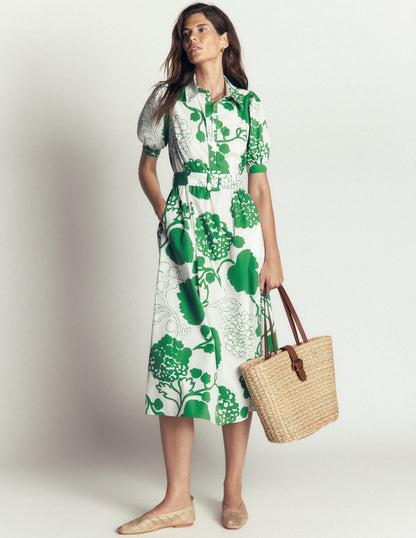 Belted Cotton Midi Dress-Ivory, Hydrangea Frenzy