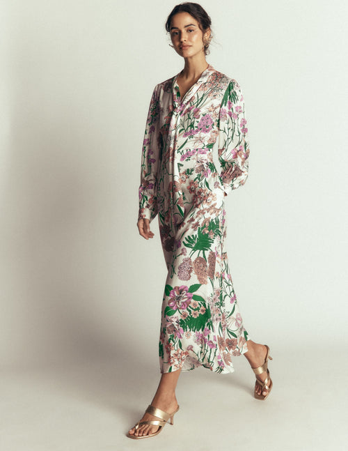 Bow Detail Shirt Dress-Ivory, Whimsical Flora