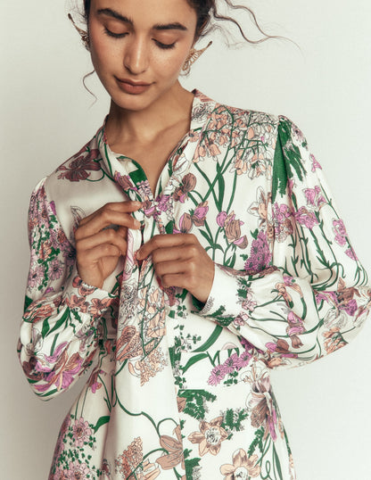 Bow Detail Shirt Dress-Ivory, Whimsical Flora
