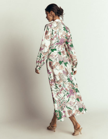 Bow Detail Shirt Dress-Ivory, Whimsical Flora