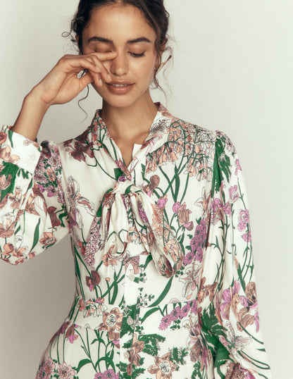 Bow Detail Shirt Dress-Ivory, Whimsical Flora